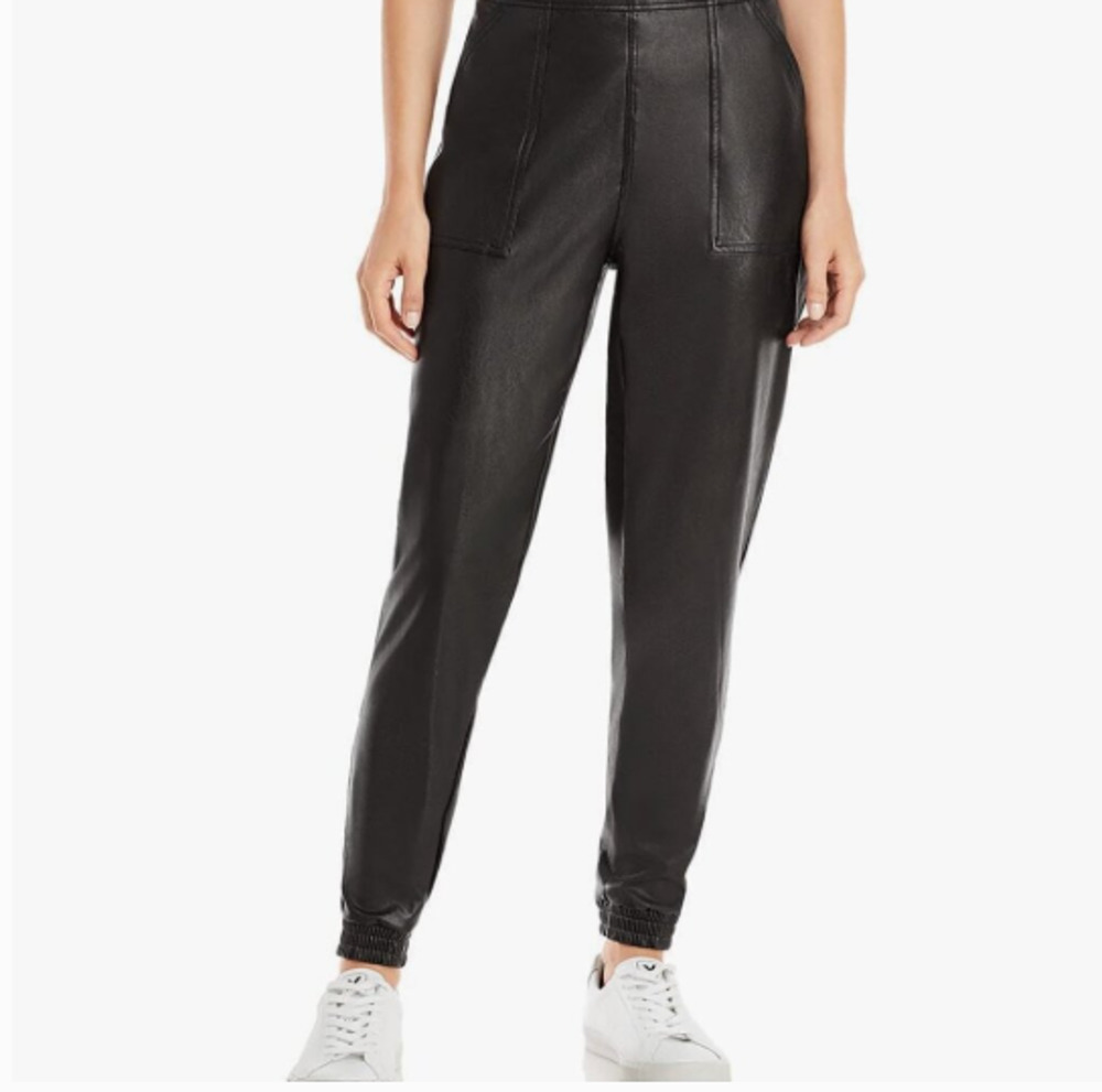 Spanx Sz L Jogger Pants Womens Black Vegan Leather Pull On High Rise Pockets